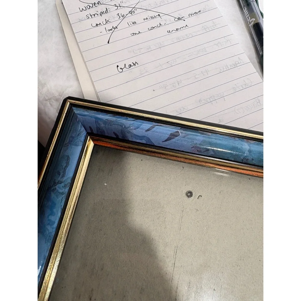 Vintage Blue Marbled Picture Frame Gold Trim Glass Tabletop 4x6 Photo Frame